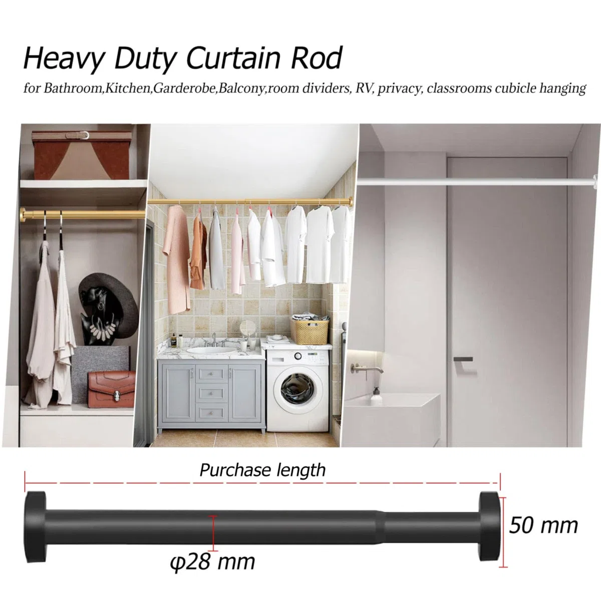 Adjuble - Barra de ducha sin taladrar, resistente al óxido, diámetro de 28 mm, diseño antideslizante para baño, sala de estar, dormitorio (negro, 120-220 cm)