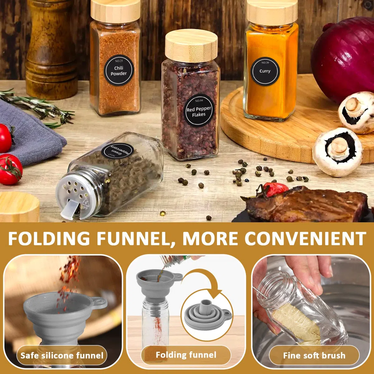 FAMKEEP 24pcs Botes Especias Cristal,Cuadrado Spice Jars con Tapa de Madera, Tarros Especias incluir Embudo,Tamiz,Etiqueta para Especias y Bolígrafo