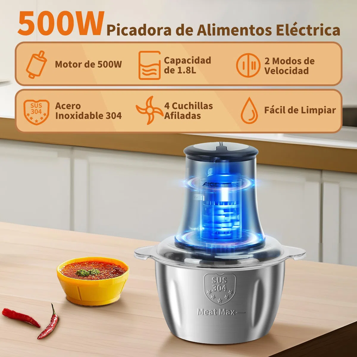 Aigostar Flor - Picadora Eléctrica 500W, Procesador de Alimentos con Tazón de Acero Inoxidable 1.8L, 4 Cuchillas Afiladas y 2 Velocidades, Ideal para Carne, Verduras, Frutas y Cebolla