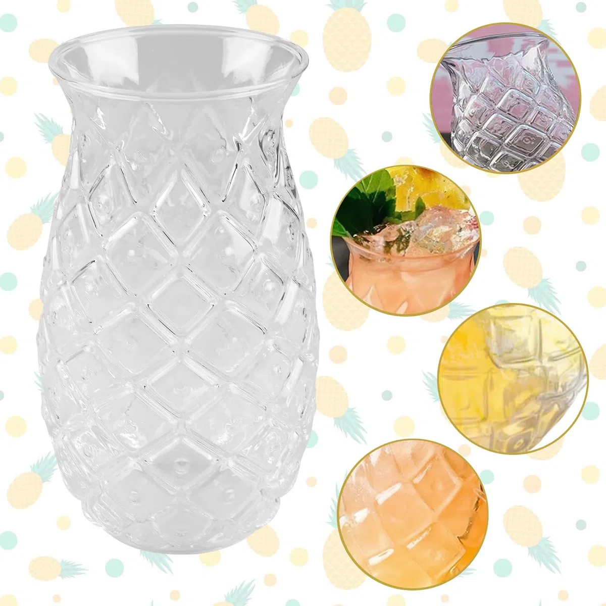 Juego de 4 de Vasos de Cóctel de 480 Ml, Vasos de Cóctel Transparentes con Relieve de Piña, Vasos de Piña, Copas de Pina, Copas de Piña Divertidas para Familia, Camping, Bar