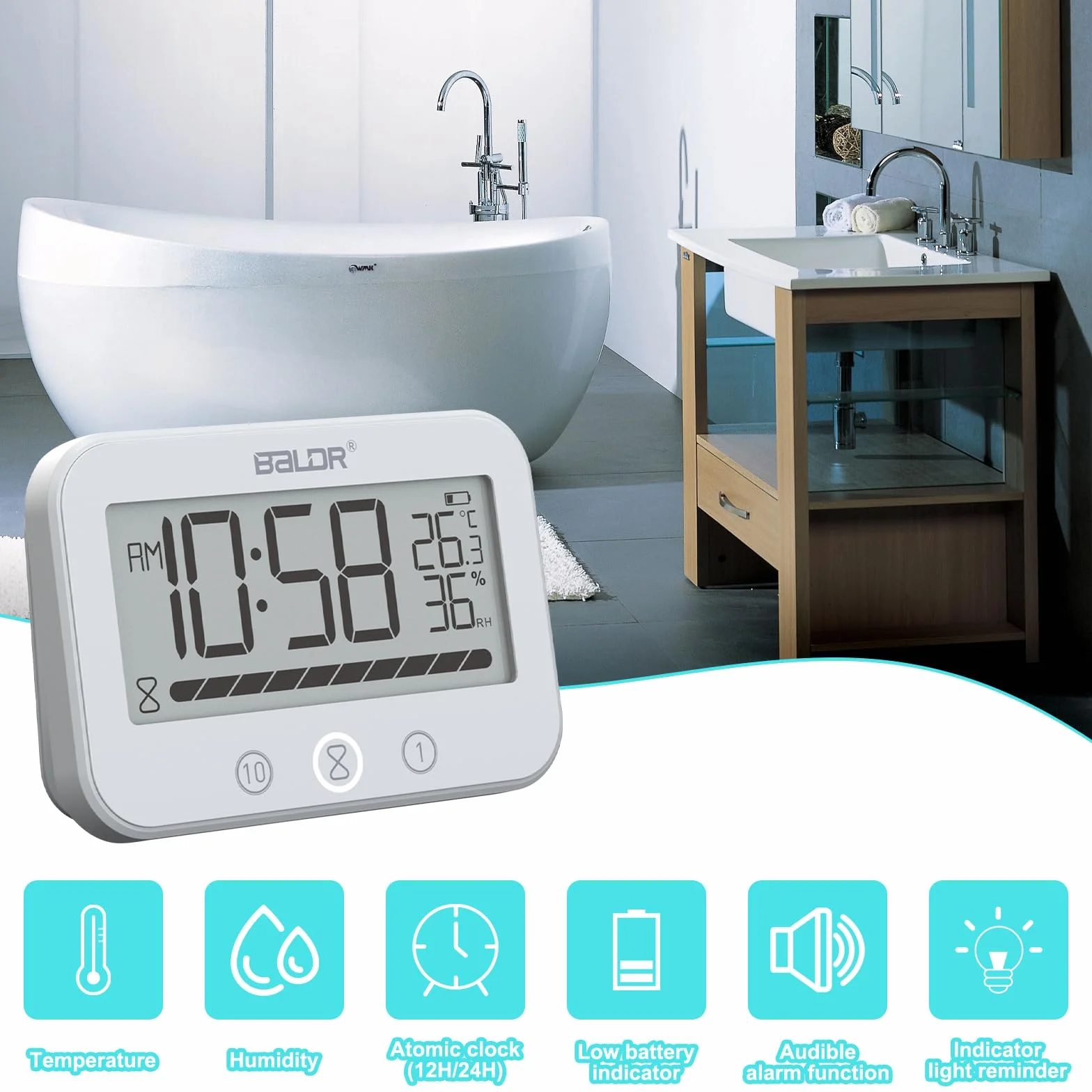 Reloj de baño digital, IP54 impermeable reloj de ducha con temperatura y humedad, temporizador de cuenta regresiva de 99 minutos con alarma, temporizador con 2 ganchos adhesivos y 2 ventosas