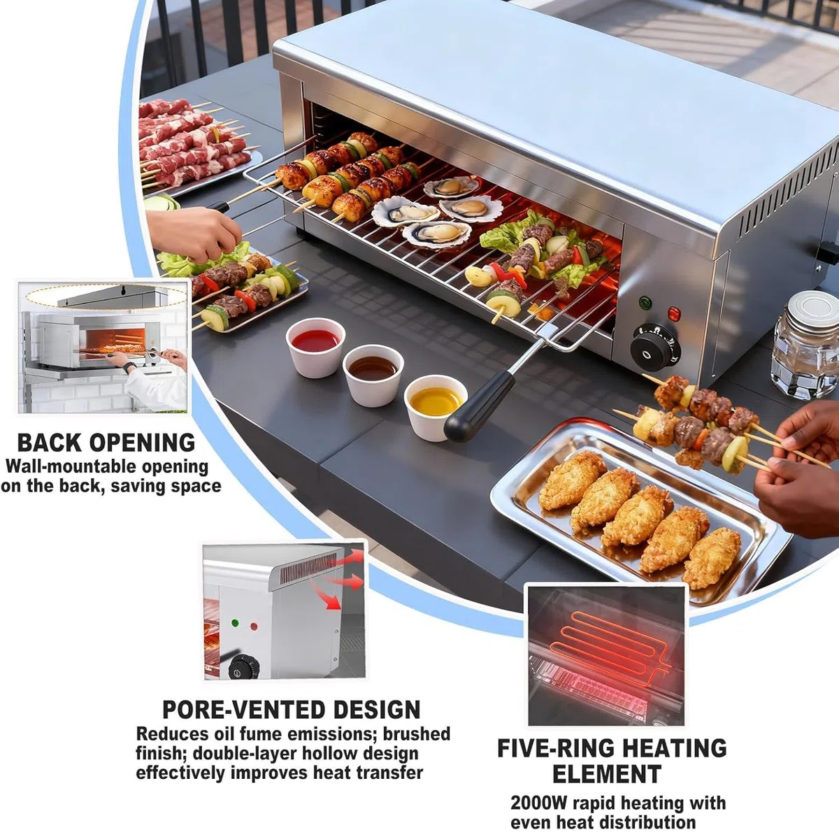 Asador Salamandra, Grill Eléctrico Raclette para Derretir Queso, Horno Tostador Comercial de Pared de Acero Inoxidable 50℃-300℃ para Queso, Bistec y Carne