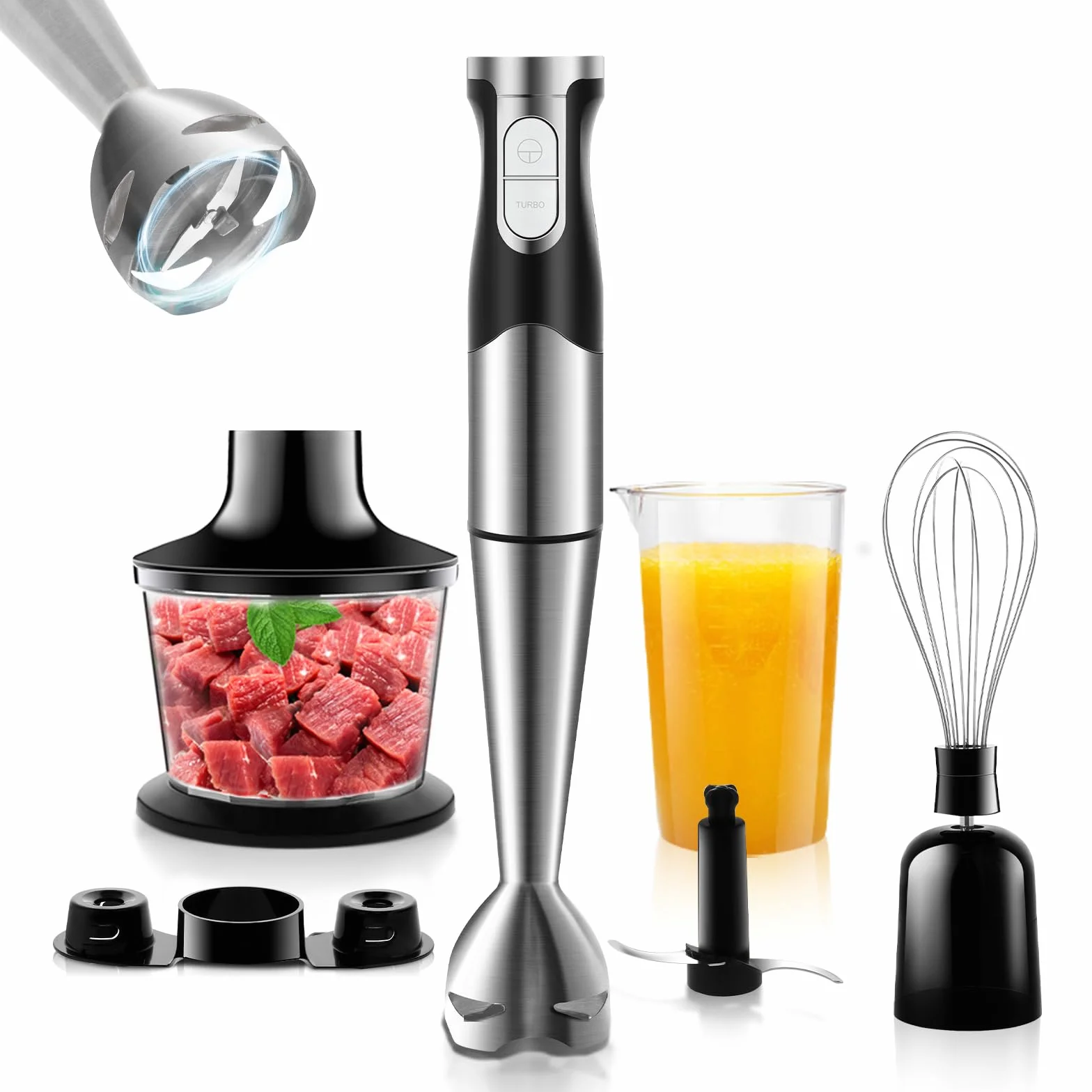 Batidora de Mano 6 en 1 Multifunción 1200W Batidora de Mano Eléctrica Velocidad Regulable en Acero Inoxidable con Función Antisalpicaduras para Carne Verduras etc Accesorios Incluidos