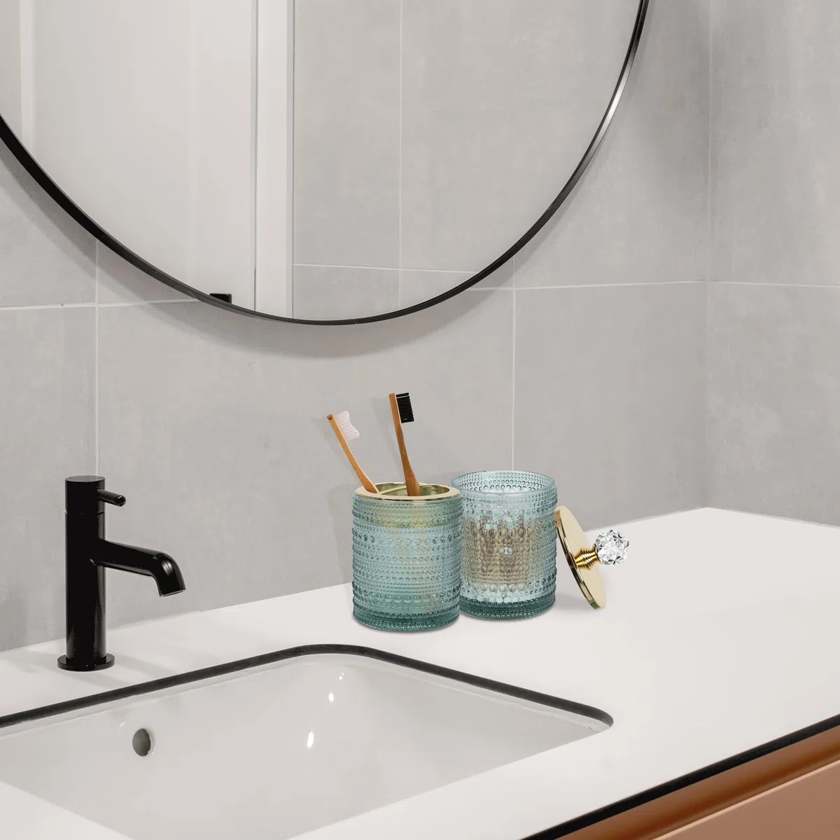 FEILANDUO Juego de accesorios de baño, 4 accesorios de baño de cristal, decoración de baño, dispensador de jabón, juego de soporte para cepillo de dientes, tarro de boticario, regalo para el