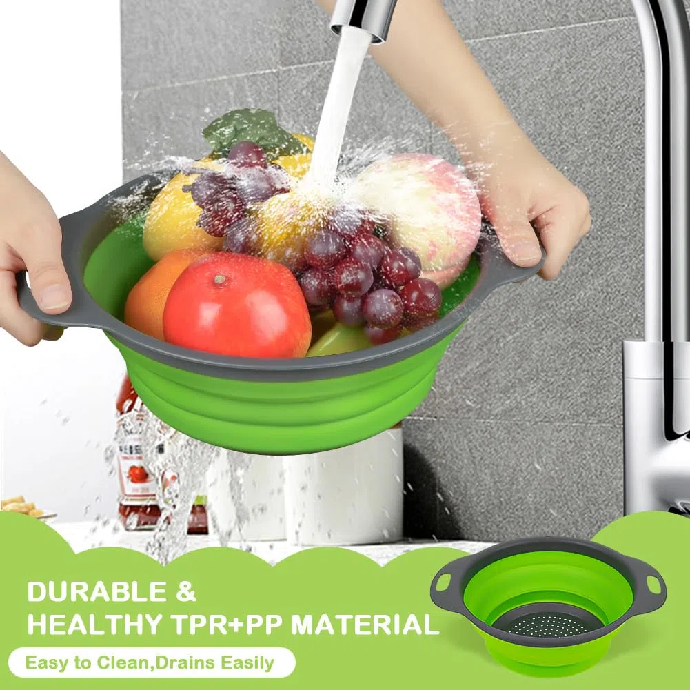 AUAUY 2 Piezas Colador de Cocina, Colador Plegable Redondo de Silicona con Asas, Coladores de Alimentos Ecológico con Orificio Grande para Escurrir Pasta, Verduras, Frutas(1 Grande y 1 Pequeño)