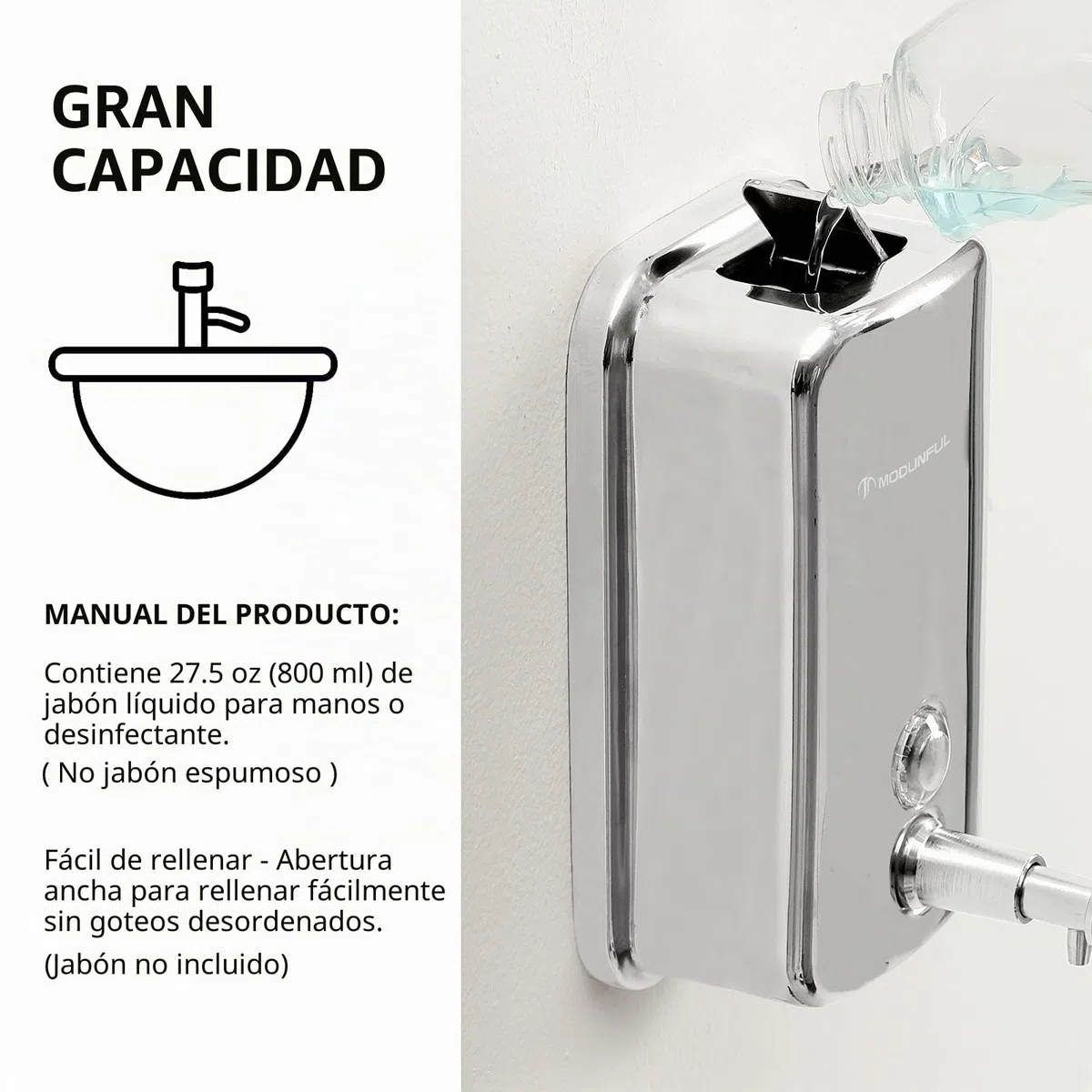 Dispensador de jabón de Mano, dispensador Manual de jabón de Acero Inoxidable para baños comerciales y domésticos, Montaje en Pared Bomba de jabón líquido para Cocina, Restaurante, Capacidad M-1618