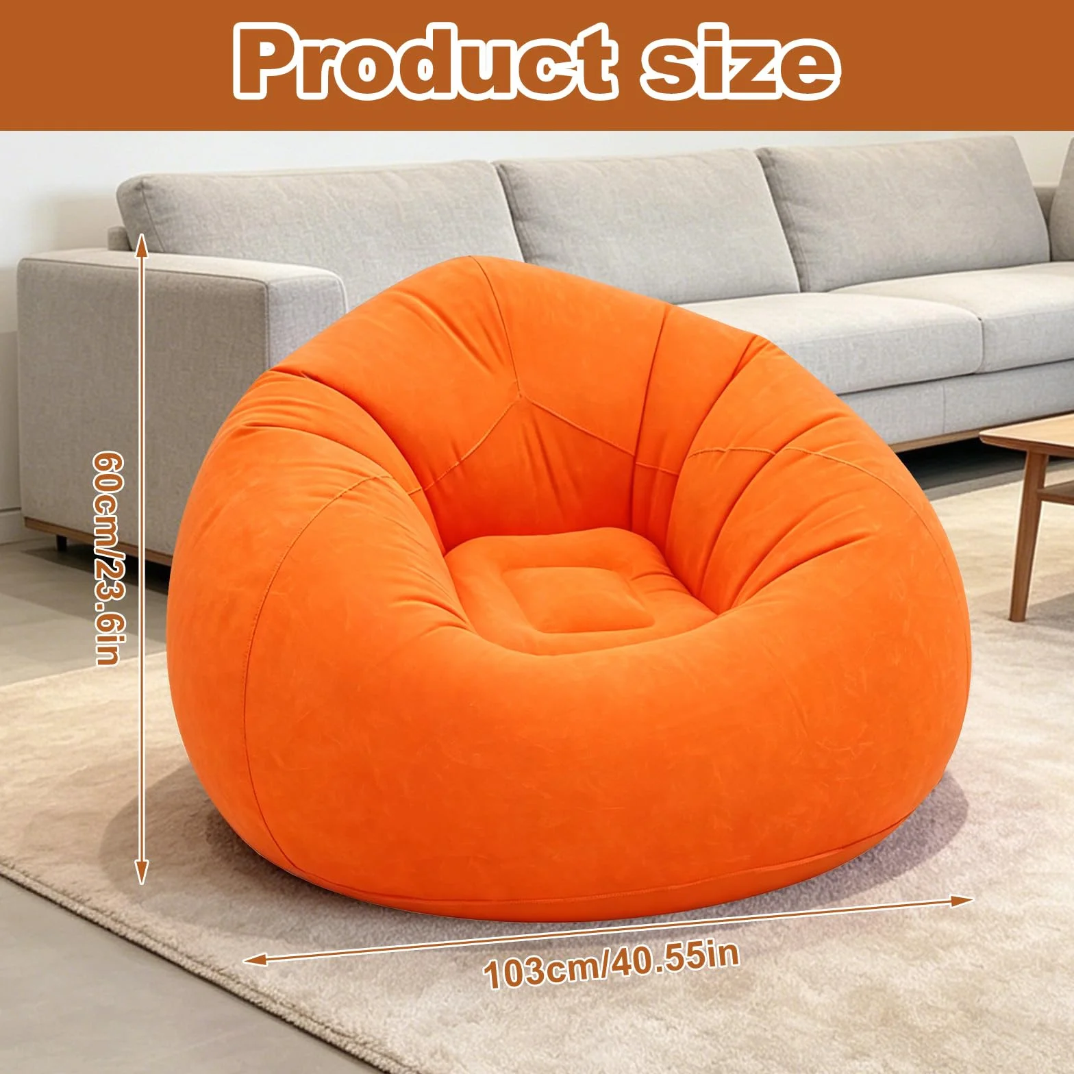 FARYODI Sofá hinchable, sillón hinchable, 105 x 105 x 60 cm, ultrasuave, sin relleno de frijoles, inflable rápido y portátil para salón, jardín, camping (naranja)