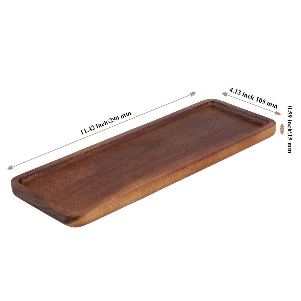 Juego de 4 platos de madera de acacia, bandeja rectangular de 11 x 4 pulgadas con borde elevado para exhibición de frutas y decoración del hogar