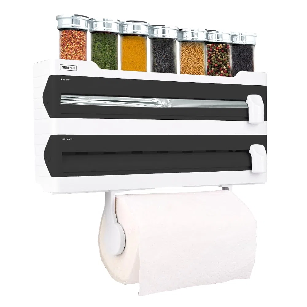 Nerthus FIH 1256 portarrollos Pared Triple Aluminio Film y Papel con Corte Estante especiero Cocina