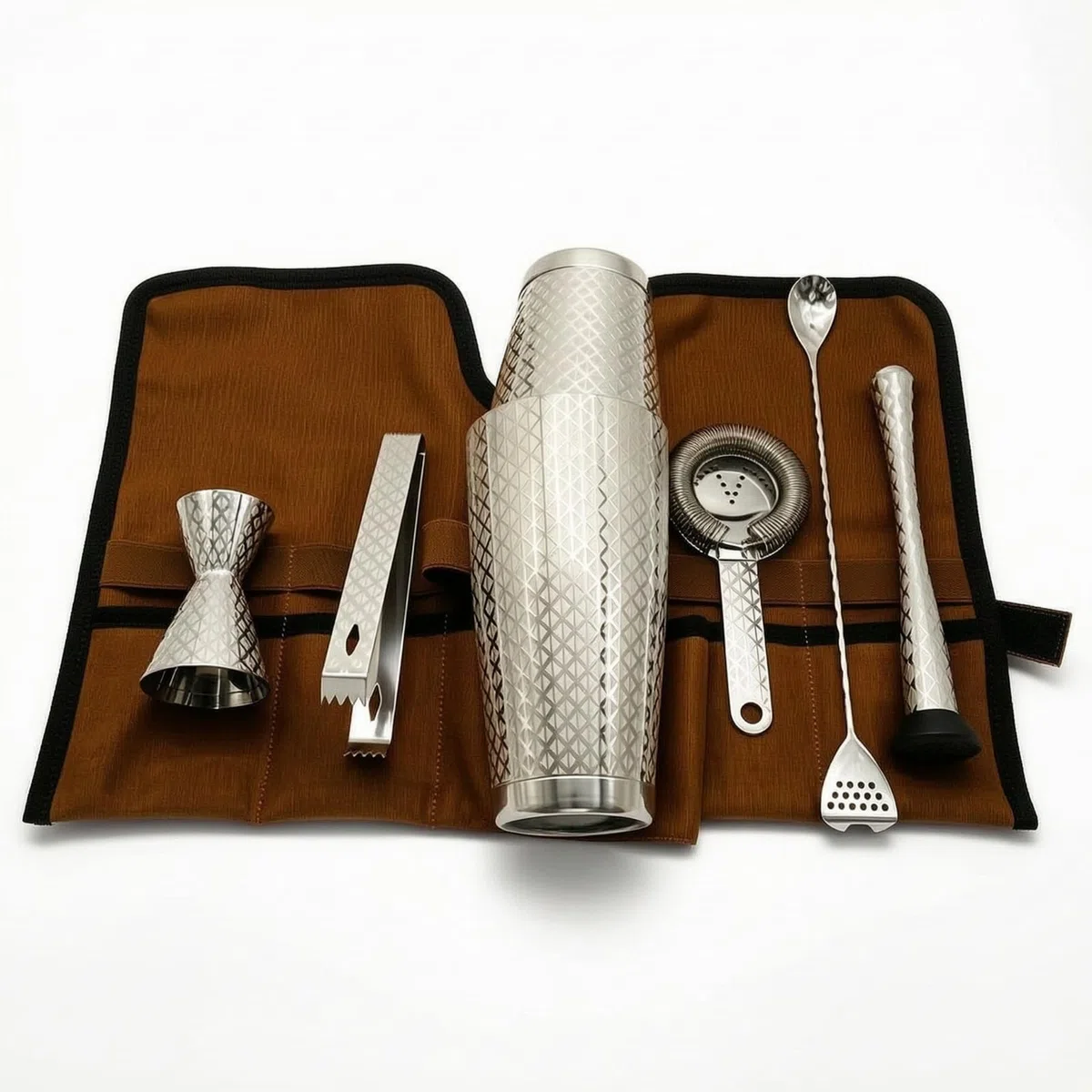 7 Piezas Juego Coctelerí Estuche Enrollable Profesional Kit Barman con Bolsa Lona Compacto Coctelera para Hogar, Juego De Coctelería Boston Grabado Con Patrón De Diamante, Con Base, 7 Piezas