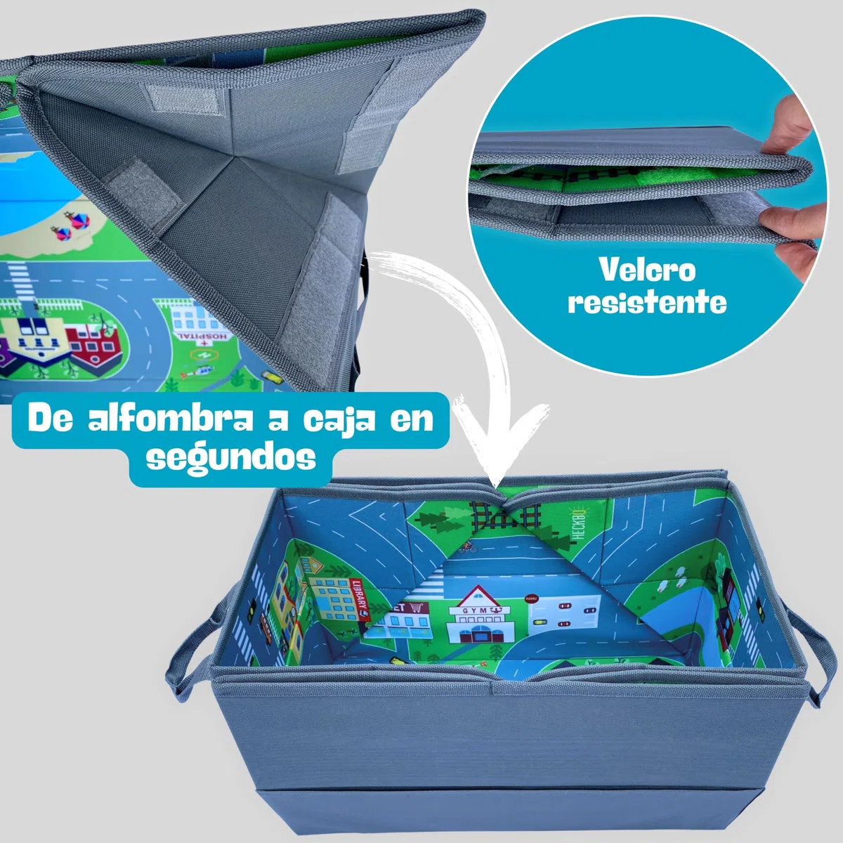 HECKBO Organizador de coche y alfombrilla de juegos 4 en 1 - Caja para guardar juguetes infantiles - Alfombrilla de juegos plegable con motivos callejeros - Fijación segura en el coche, 91cm x 72cm