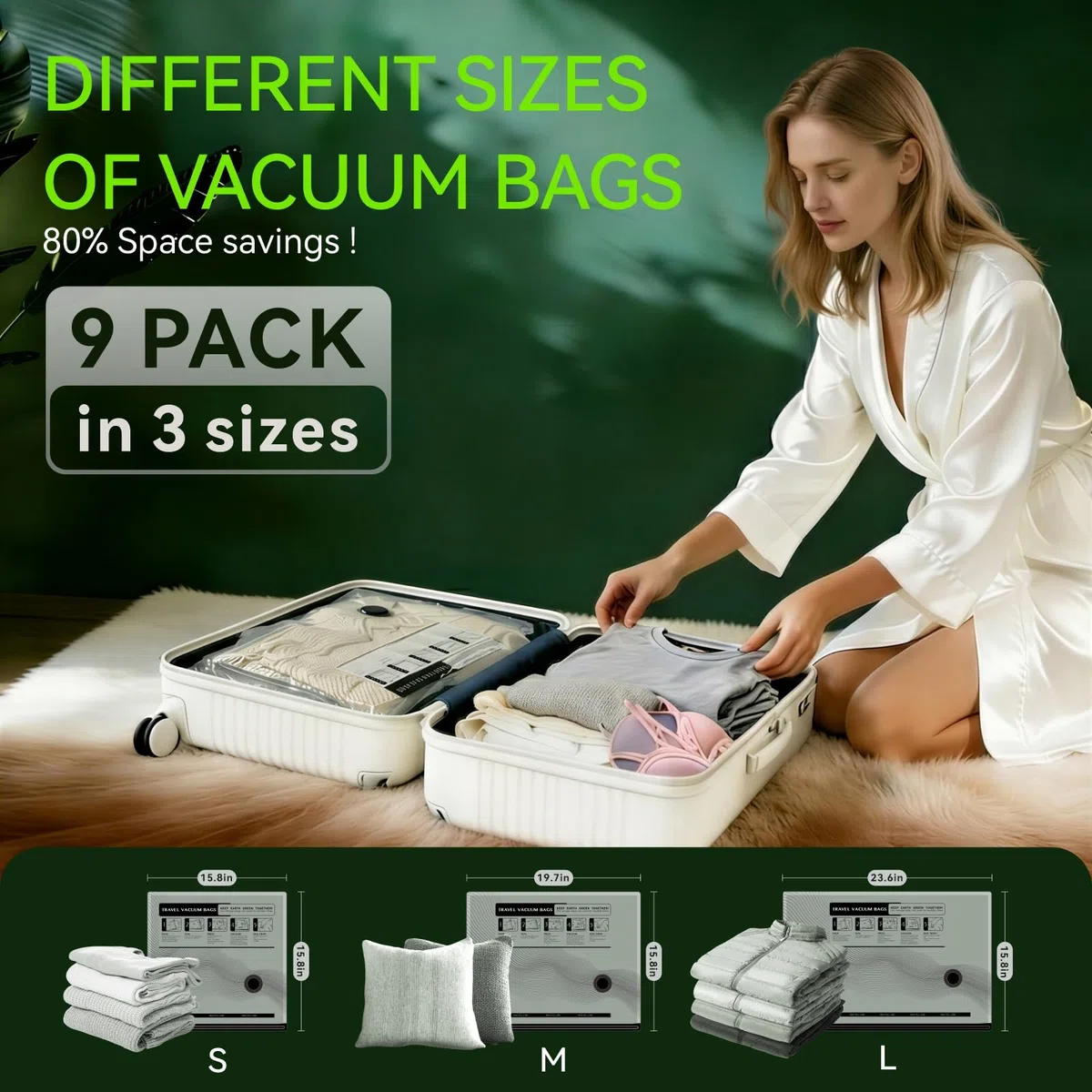 Bolsas de vacío para viajes, bomba eléctrica USB, paquete de 9 bolsas de sellado al vacío de tamaño de mano para ropa, bolsas de almacenamiento al vacío que ahorran espacio para equipaje