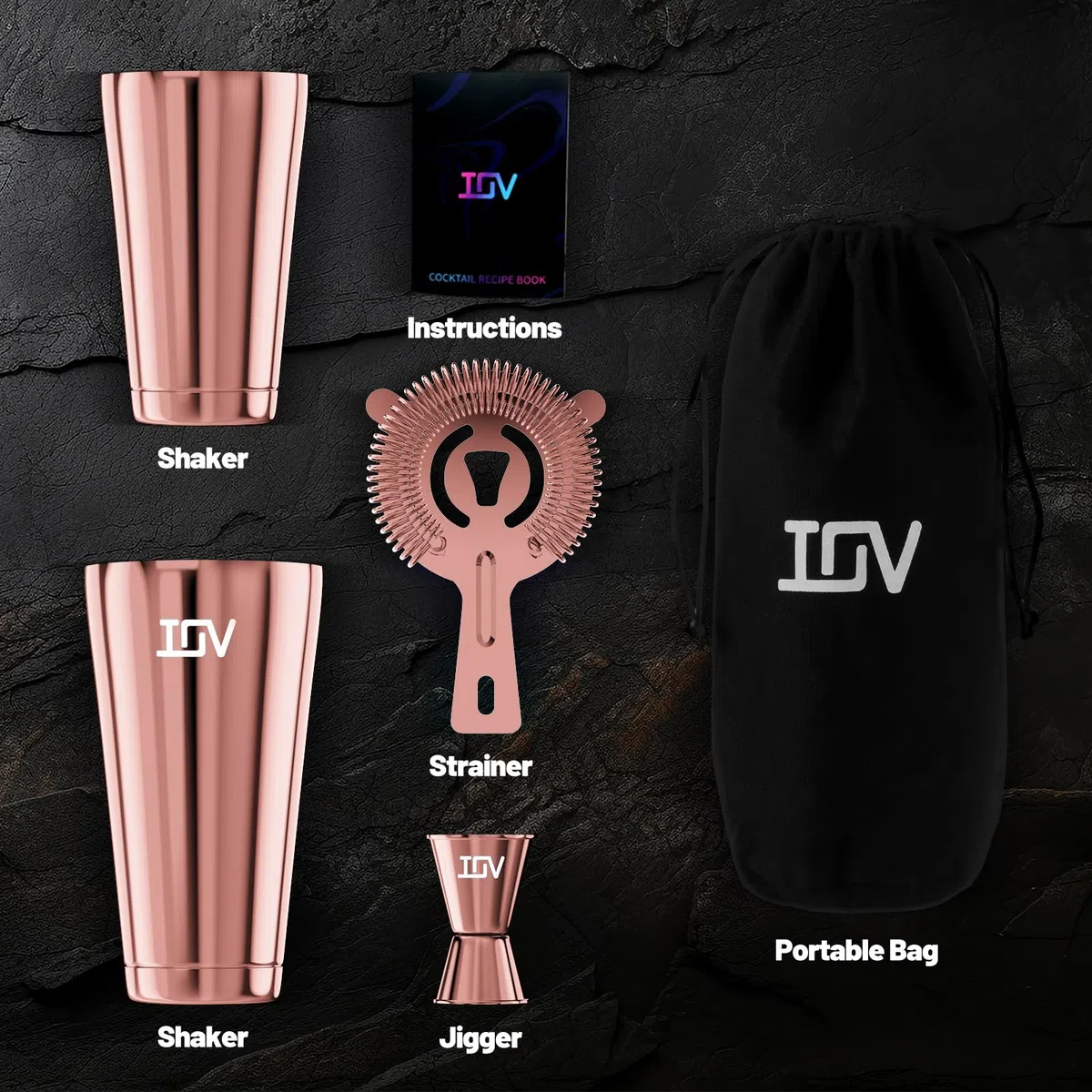 IOV Boston - Juego de coctelera para bar, juego de mezclador de bebidas con agitadores Boston de 18 y 28 onzas, colador Hawthorne, medidor doble, kit de herramientas de barra y folleto de recetas, oro