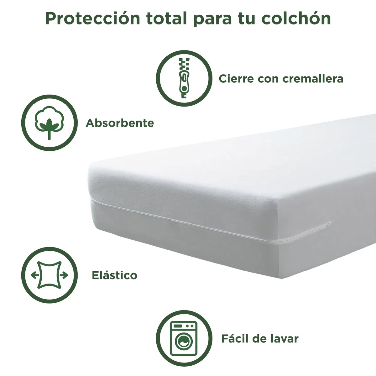 SAVEL - Funda de colchón elástica de algodón 120x190/200 cm | Cubre colchón con Cremallera | Protector de colchón Transpirable y Ajustable | Blanco