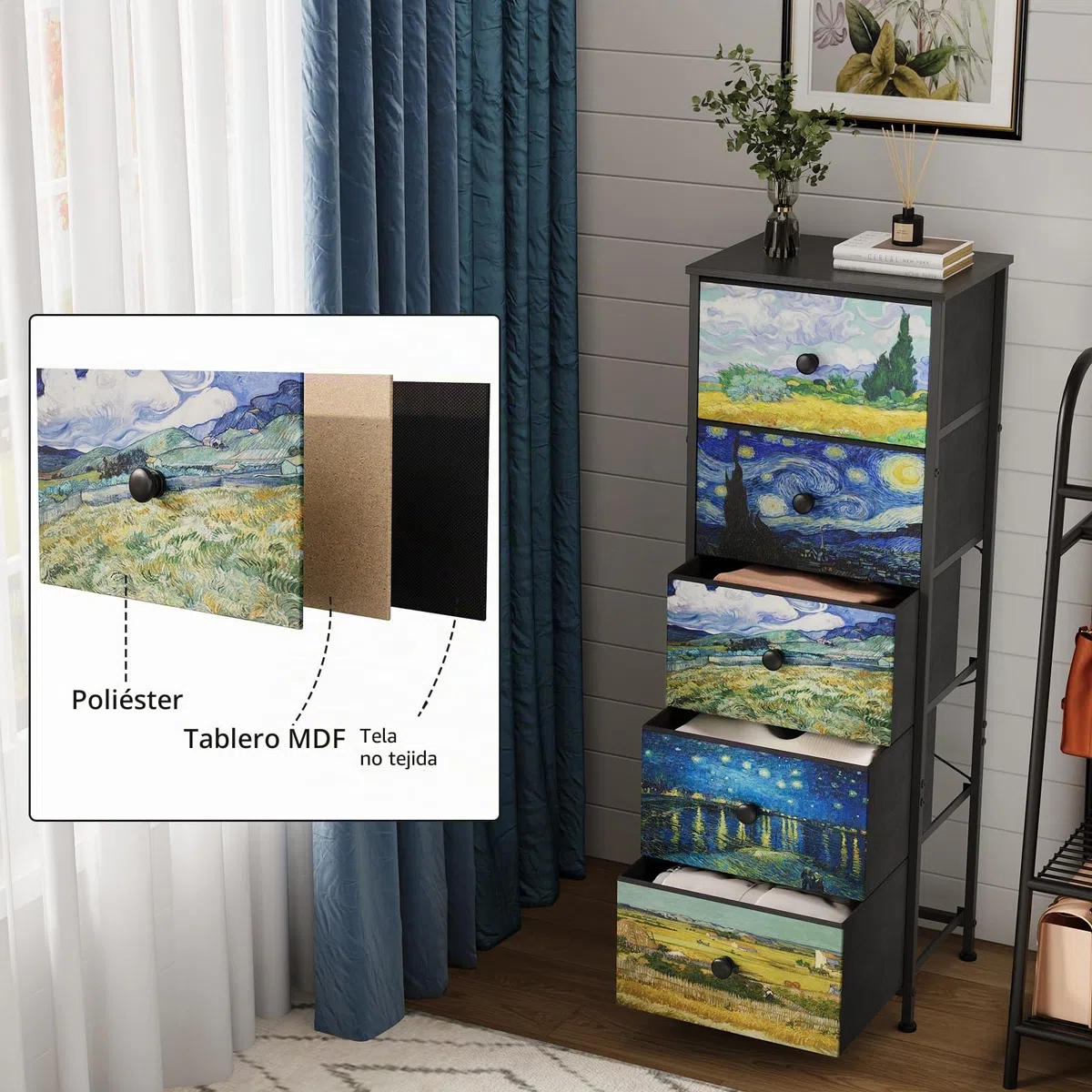 Cómoda con cajones de tela, estilo Van-Gogh, armario estrecho para tocador, armario de almacenamiento para dormitorio, armario industrial, pasillo, salón, habitación infantil (5 cajones)
