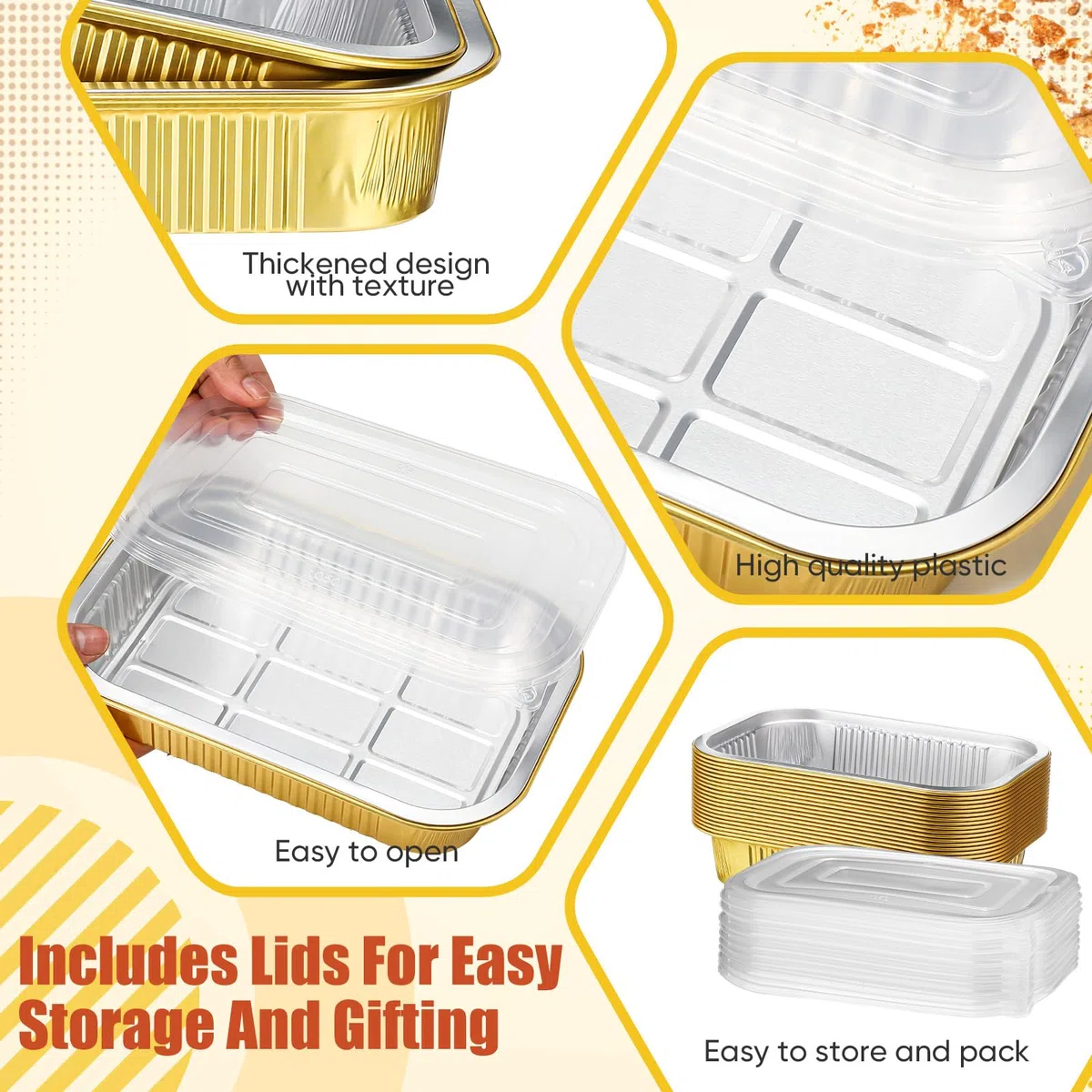 Baderke Paquete de 20 moldes de aluminio de 50 onzas con tapas, moldes de aluminio para hornear, 8.7 x 6 pulgadas, moldes desechables para pasteles, horno microondas, cocina, hornear, recipiente de