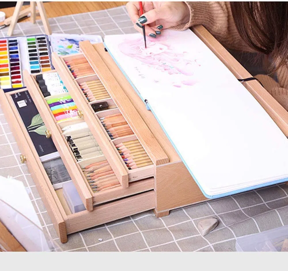 Caballete de escritorio de madera con cajón, mesa ajustable, estación de trabajo para dibujar, dibujar y pintar