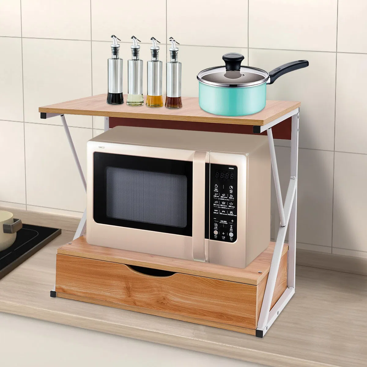 Estantería de cocina de 2 puertas, de pie, con cajón, para microondas, para encimera y almacenamiento, 54 x 35 x 50 cm (madera + blanco)