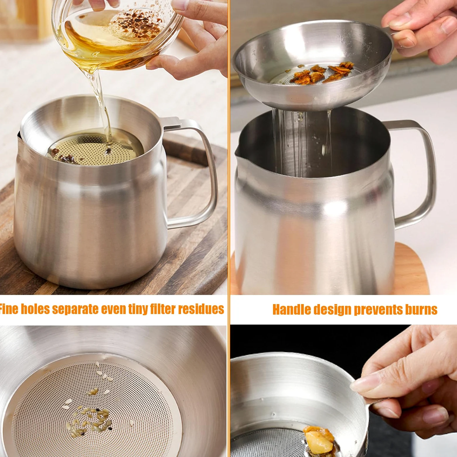Freidora Acero Inoxidable con Filtro Malla Fina & Cesta, Olla Colador Versátil Tapa Polvo Prueba & Engrasadores, Recipiente Cocina Aceite Capacidad Gran para Grasa, Freír, Cocinar Almacenar (2 L)