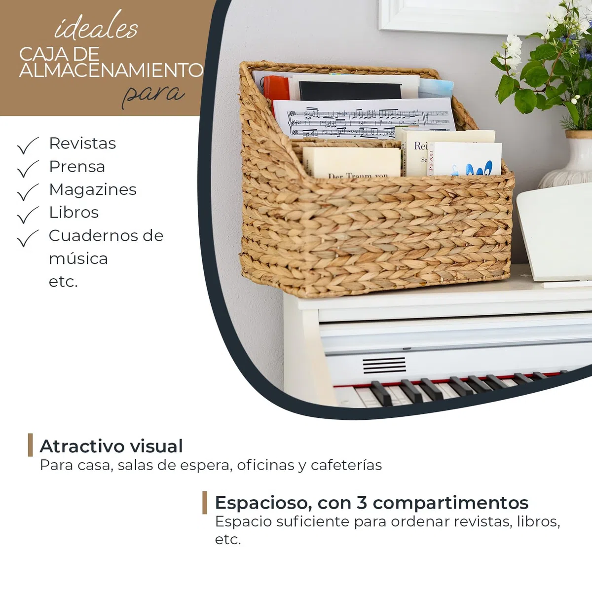 HMF Revistero de jacinto de agua trenzado, 3 compartimentos, 35 x 24 x 32 cm