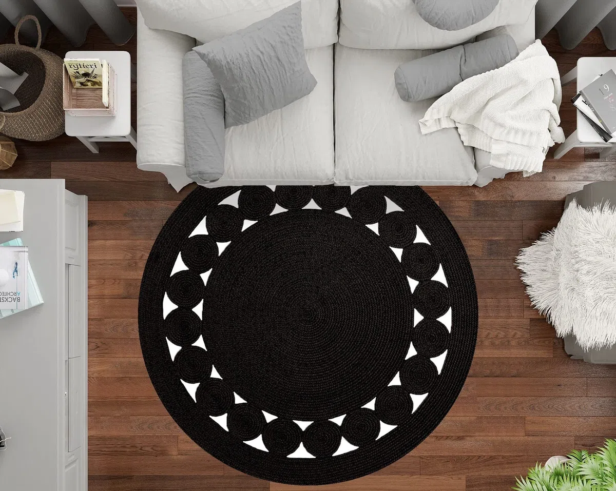 MANI TEXTILE LEYLIM - Alfombra Redonda (90 x 90 cm), Color Negro y Blanco