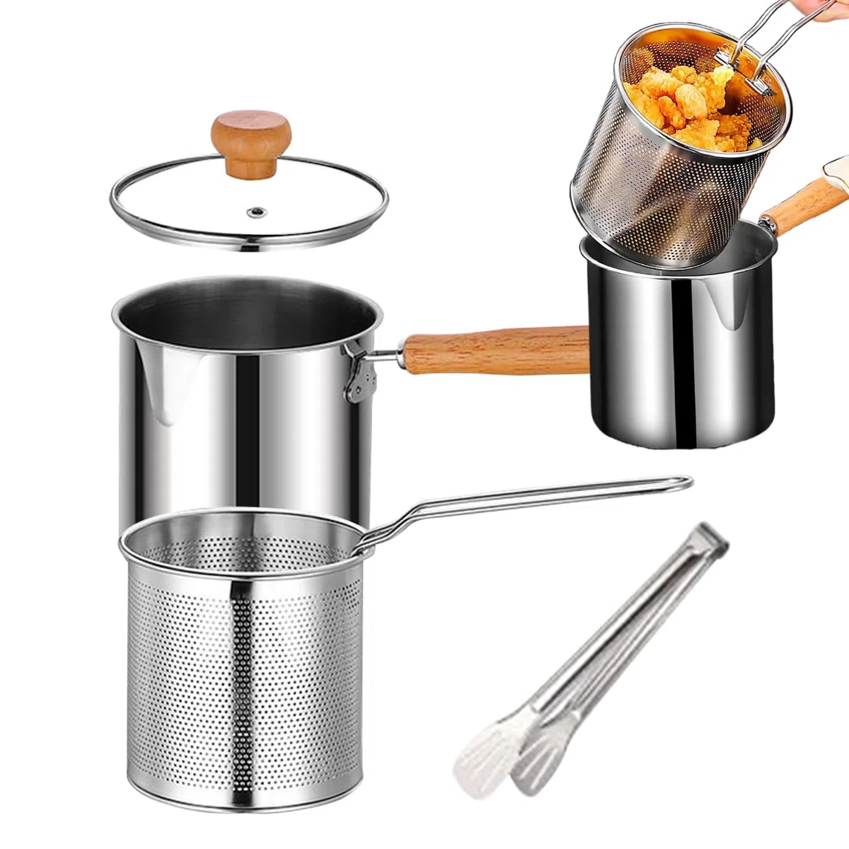 Olla Freidora Con Cesta Coladora | Freidora Acero Inoxidable Con Malla Y Tapa A Prueba De Polvo | Sartén Pequeña Multifuncional Para Grasa, Freír, Cocinar