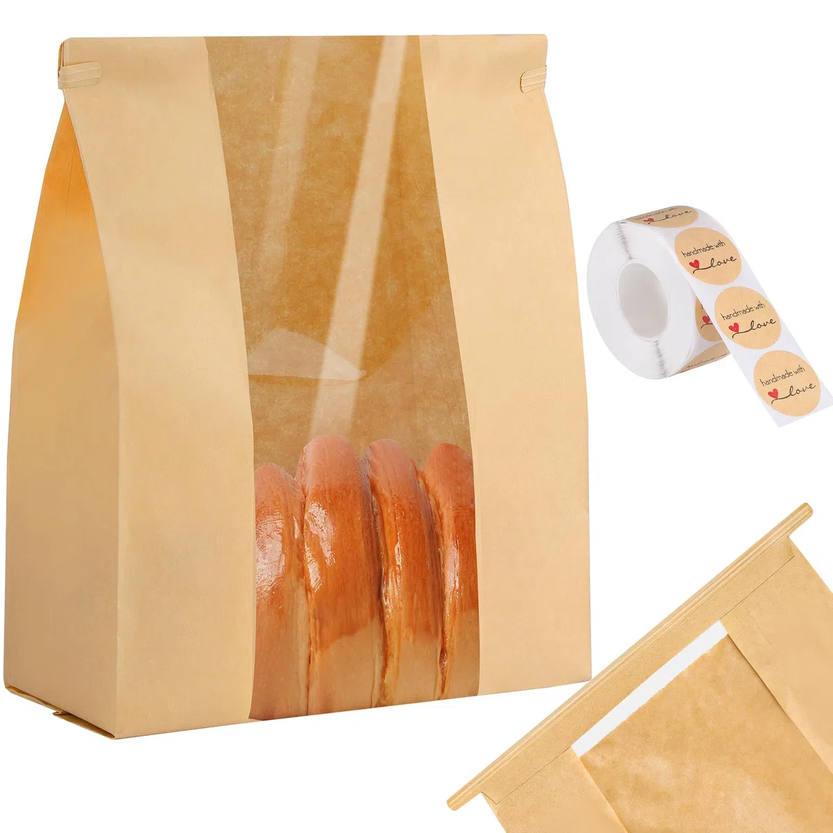 120 bolsas de papel para pan casero, bolsas de pan de masa madre con cierre de pestaña de estaño, ventana frontal transparente y etiquetas adhesivas de sellado, bolsas de panadería para galletas, pan