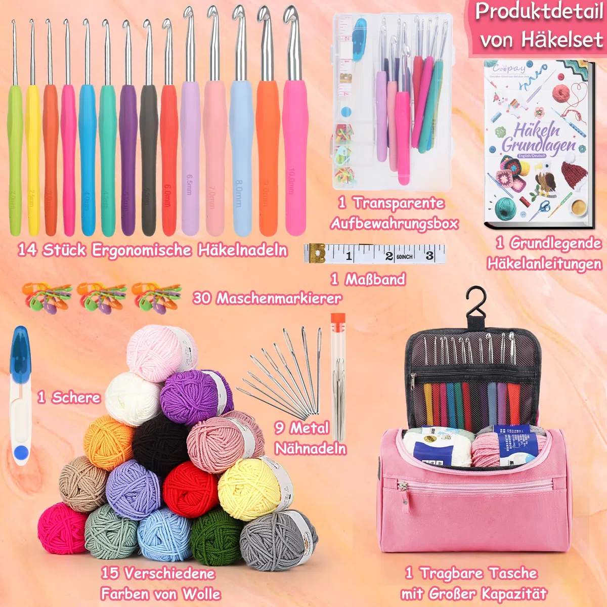 Coopay Juego de 73 agujas de ganchillo para principiantes, juego de agujas de ganchillo portátiles con 15 lana, bolsa, accesorios de ganchillo, 2,0-10 mm, agujas de ganchillo ergonómicas con mango