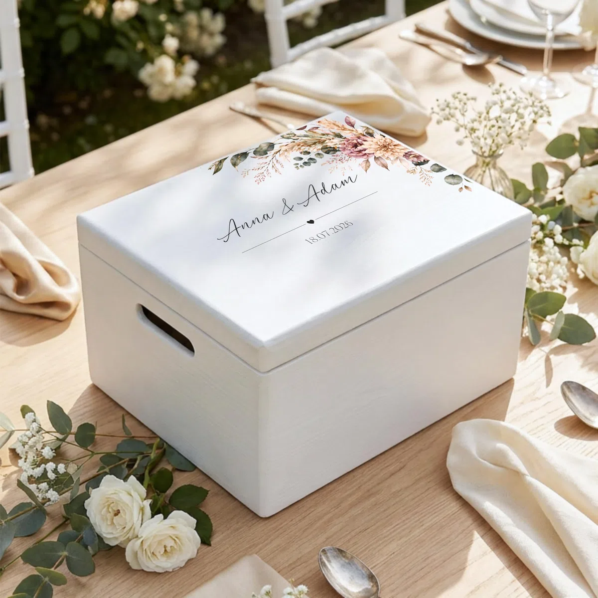 Creative DECO Personalizada Caja de Regalos Originales para los Novios Boda | Regalo Blanca | Caja Madera de Recuerdos Especiales | Parejas Aniversario Matrimonio | Motivo Flores Nombres Fecha