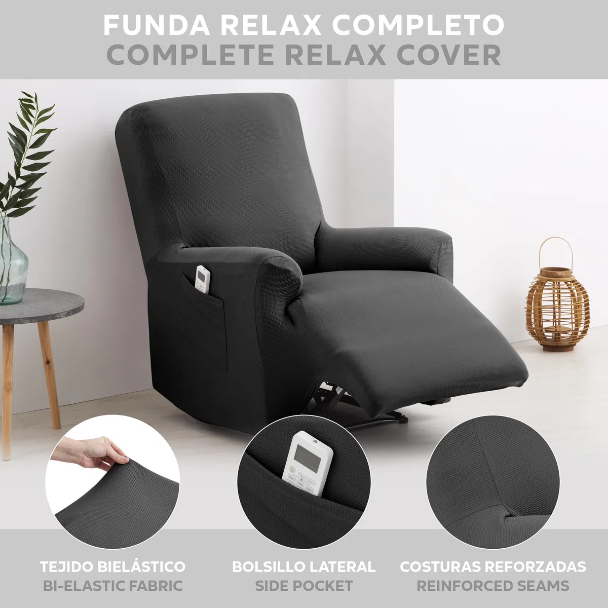 Textilhome Funda Sillón Relax Reclinable Elástica TEIDE, 1 Plaza de 70 a 100 cm, Protector Universal Ajustable con Espuma Antideslizante, Color Gris, Lavable y Resistente.