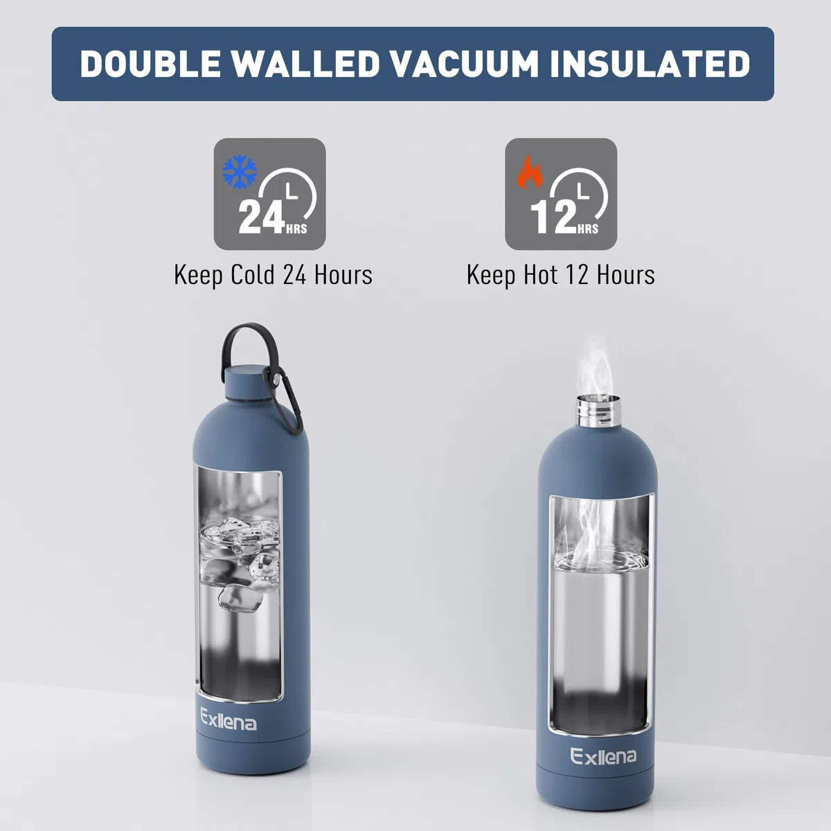 Exllena Botella Térmica 1.5 Litros – Botella Agua Acero Inoxidable 304, Botella Acero para Agua Fría y Caliente, 100% Estanco con Asa y Gancho – Ideal para Viajes, Gym y Exterior(Azul grisáceo)