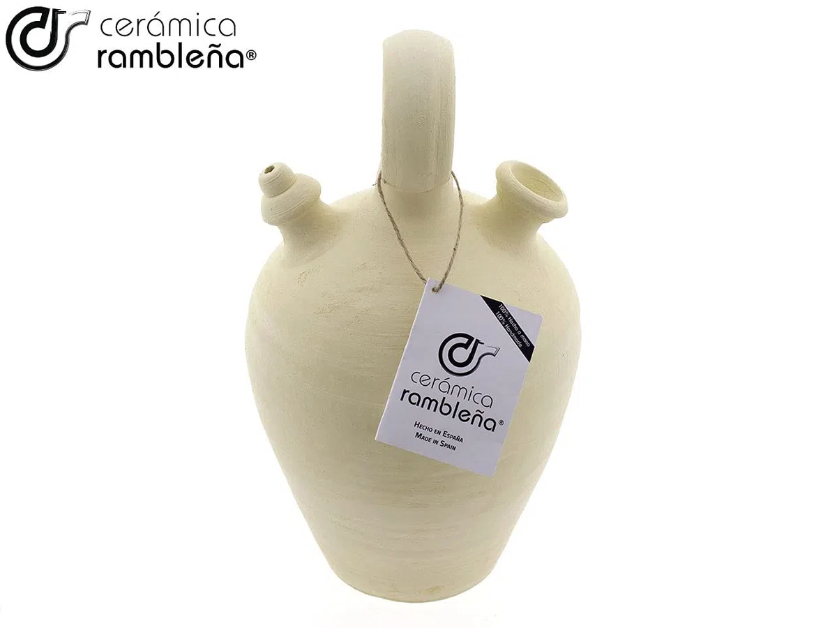 CERÁMICA RAMBLEÑA | Botijo de barro tradicional asa redonda base fina de La Rambla (Córdoba) | 100% Hecho a mano | 2.75 litros | ECO | Plato NO incluido