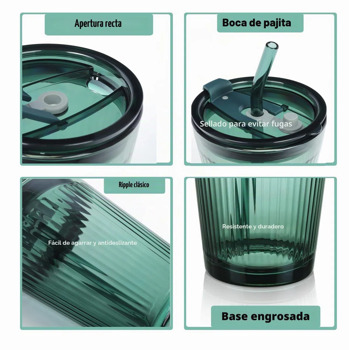 Joeyan 450ml Vaso de Vidrio con Tapa y Pajitas, Juego de 2 Taza de Agua Helada Sellado a Prueba de Fugas, Rayas de Cristal Verde, Taza de Viaje pare Café,Whisky,Batidos,Jugo, Apto para Lavavajillas