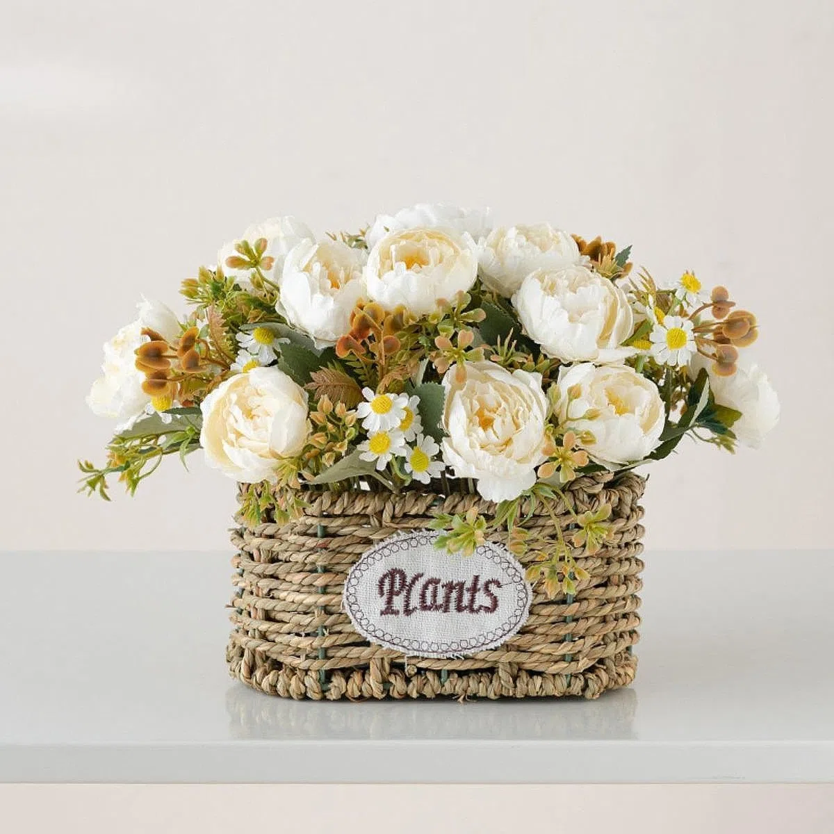 MagiDeal Flores Artificiales con Cesta, Centro de Mesa, Decoración del Hogar, Regalo, Suministros para Fiestas, Adorno, Decoración de Escritorio para Bodas Y O, Blanco