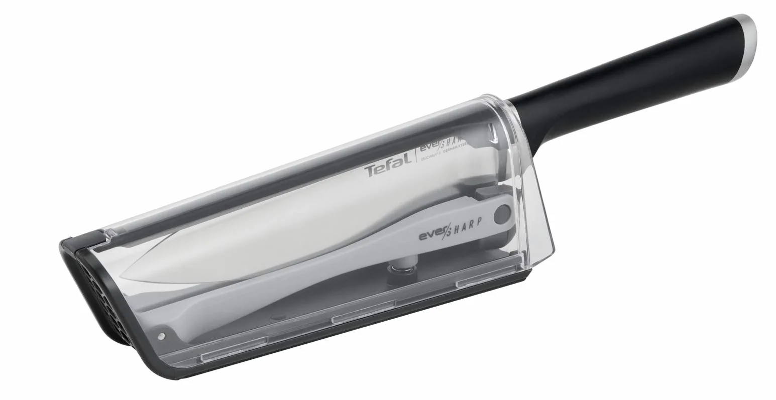 Tefal Ever Sharp - Cuchillo chef 16.5 cm, afilador integrado en la funda, tecnologia de afilado doble pivote, sistema bloqueo seguro, acero inoxidable alemán K2569004