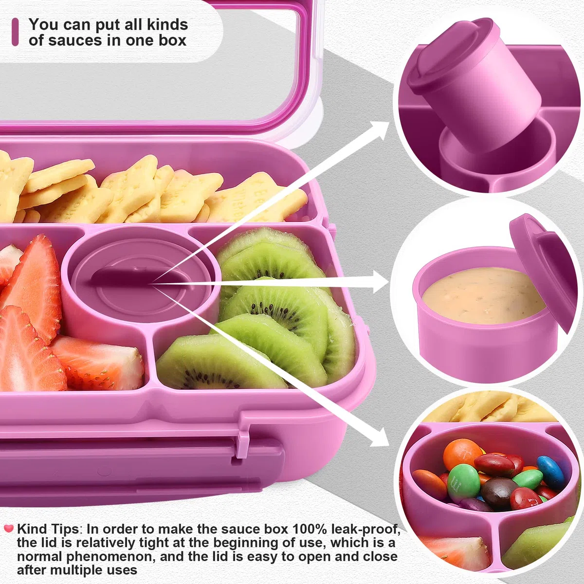 Amathley Fiambrera Infantil,Lunch Box Kids/Adultos,1300ML Bento Box Kids con 5 Compartimentos y Recipientes Para Salsas, Para Microondas y Lavavajillas,Sin BPA (Morado)