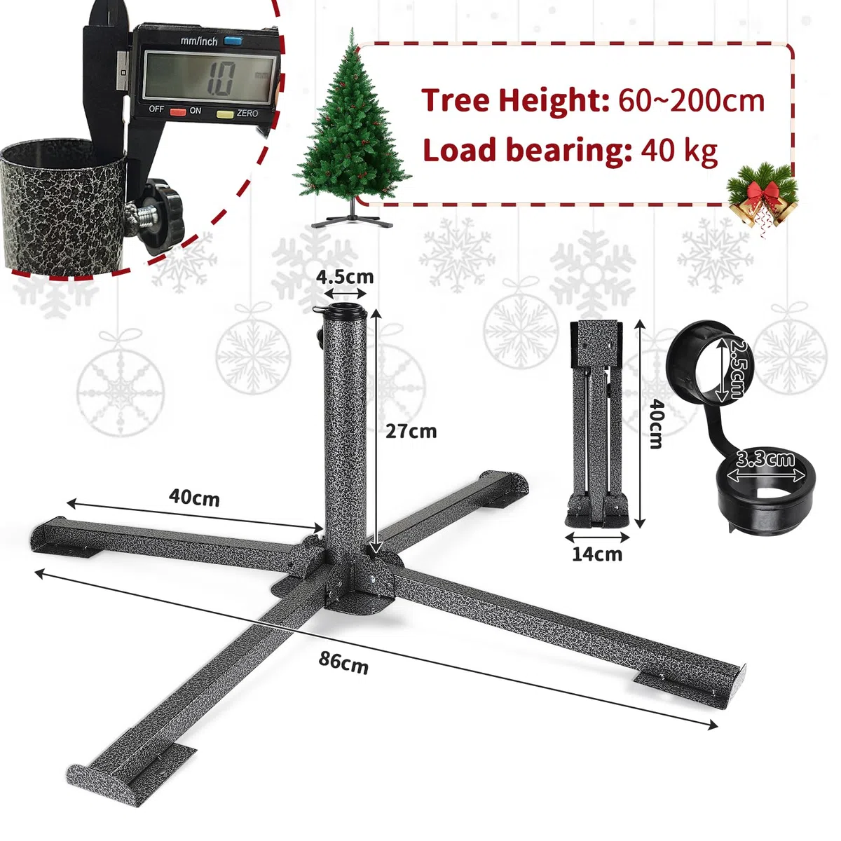 EFUTURETIME Soporte para Árbol de Navidad de Metal Ø2,5-4,5 Cm, Base Arbol de Navidad Pequeño Artificiales se Adapta a Árboles de 60-200cm, Uso Exterior e Interior, Negro