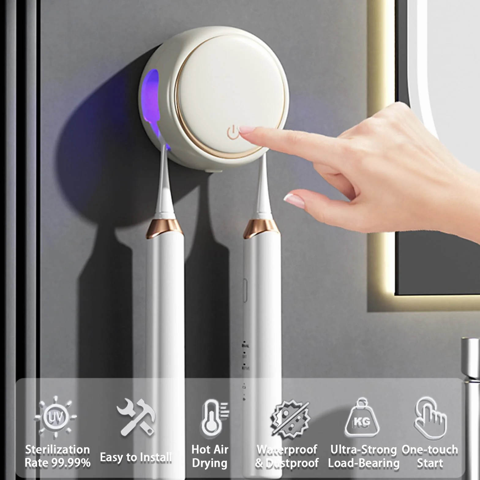 Organizador de cepillos de dientes con secado inteligente y esterilización, diseño montado en la pared para cepillos eléctricos y manuales, no requiere taladro, ideal para baño y viajes