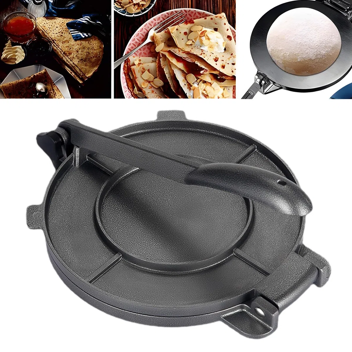 Prensa de tortilla de 8 pulgadas de alta resistencia de aleación de aluminio pre-sazonada con mango para maíz, masa, pizza, pastel, tortilla de harina