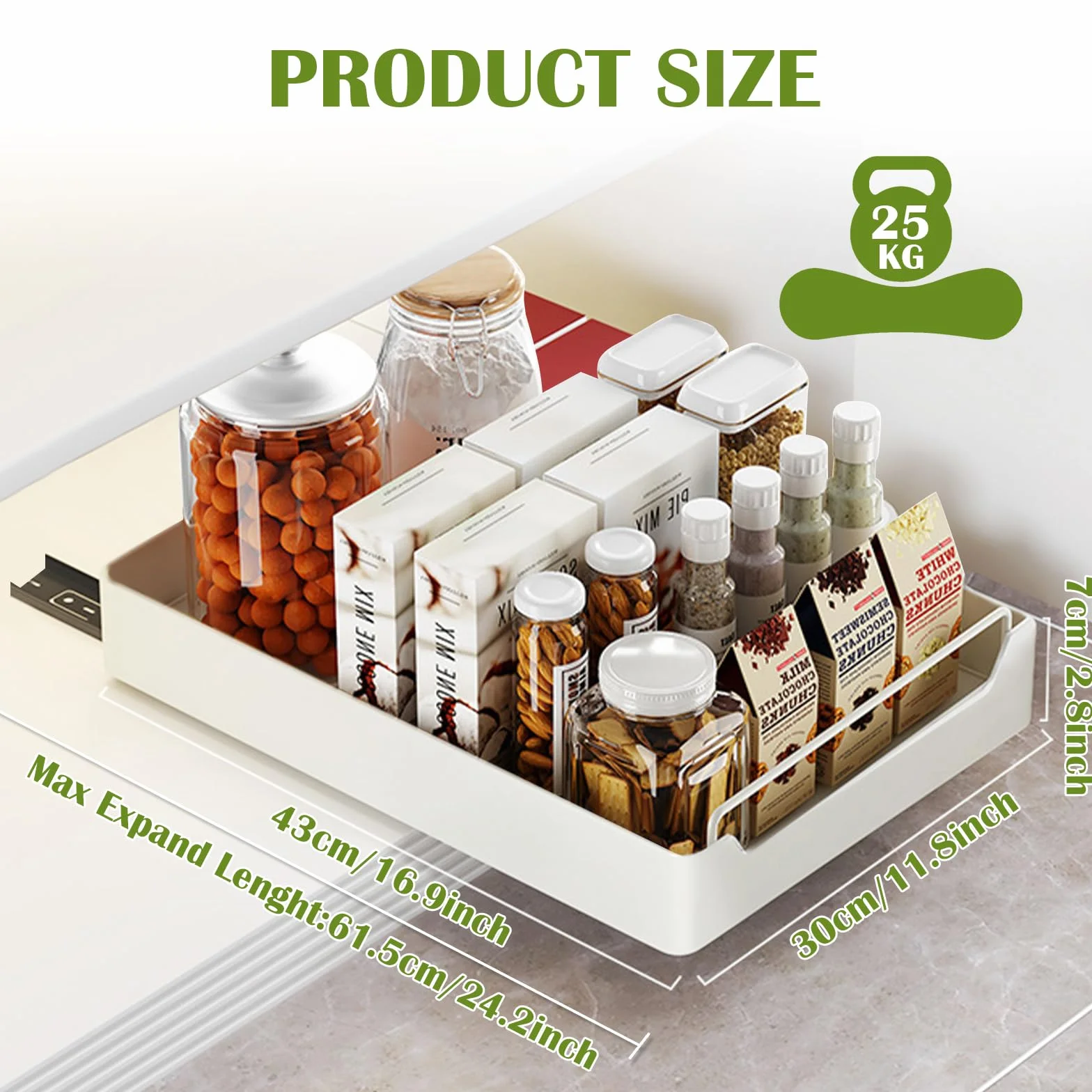 PUWOWYE Cajón Telescópico, Cajones Extraibles para Cocina, Cajón Deslizante Para Alacena para Armarios de Cocina, Salón, Hogar (30 cm An x 43 cm F x 7 cm Al), No Requiere Taladrar, Blanco