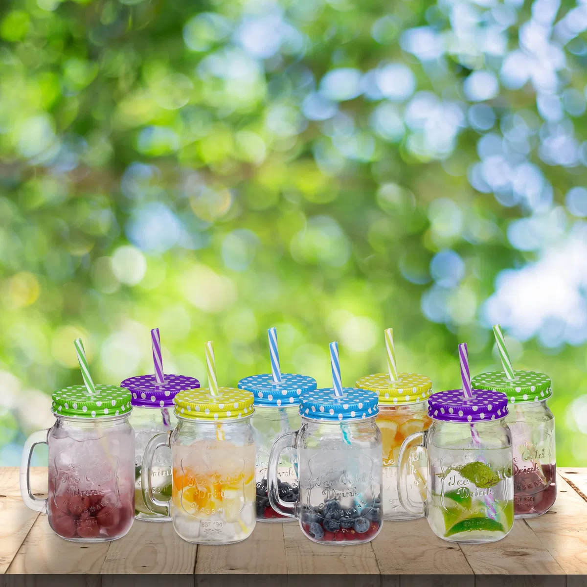 Relaxdays Jarras con Tapa y Pajita, Set de 8 Jarritas Limonada, 400 ml, Vasos Retro Veraniegos con Asa, Multicolor