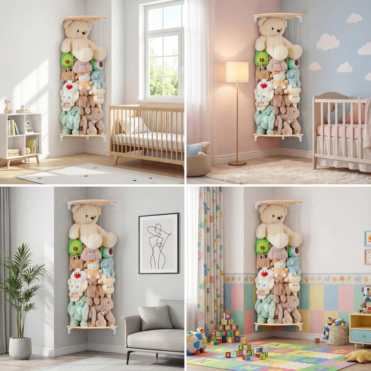 SUNMON Organizador Peluches de Pared Ajustable, Madera Maciza con Diseño de Estrellas, Estante Peluche Colgante, 111-180 cm de Altura, Almacenamiento Juguetes para Habitación Infantil