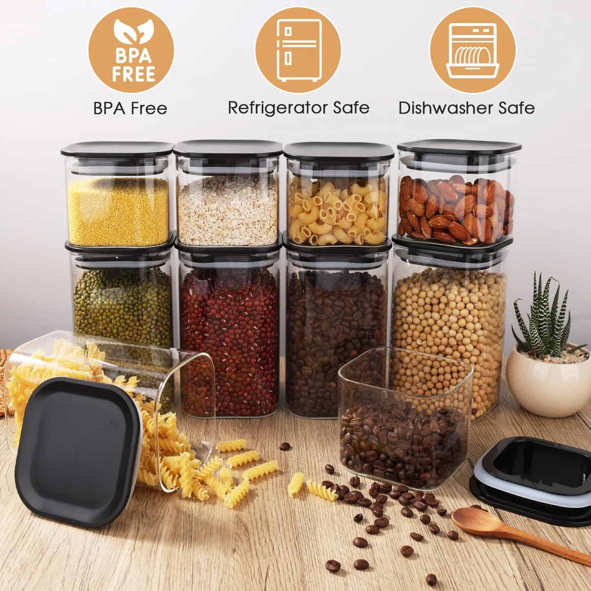 6PCS Tarros de Cristal con Tapa 1000ml/600ml, Herméticos & Apilables - Botes de Cristal con Tapa Cuadrados - Botes Cocina Almacenaje para Pasta, Cereales, Legumbres, Café