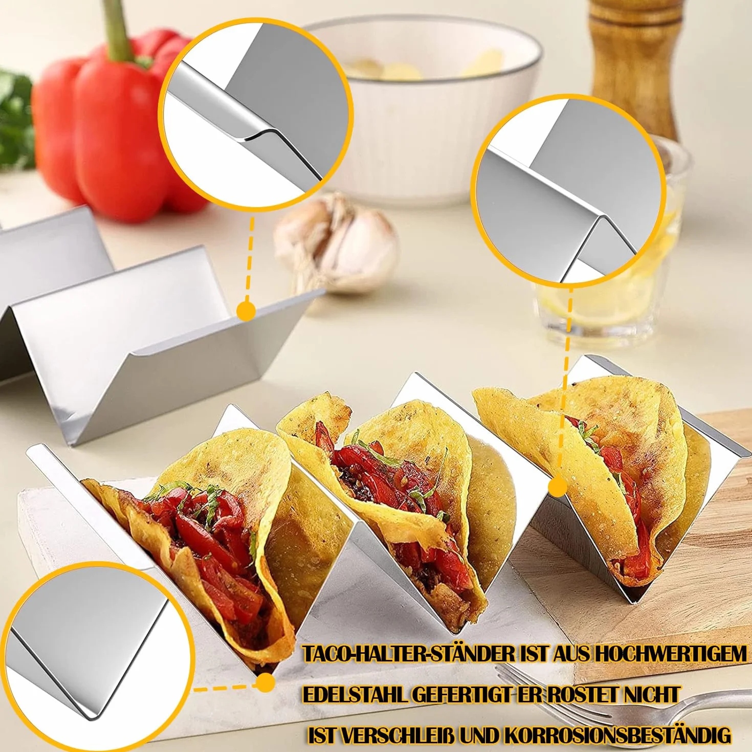 4 Soporte para Tacos, Soportes para Tacos de Acero Inoxidable con Asas Incorporadas, Bandeja para Taco Burritos Tapas, Sujetar Tacos, Bocadillos, Perritos Calientes y Tortitas Seguro Horno y Parrilla