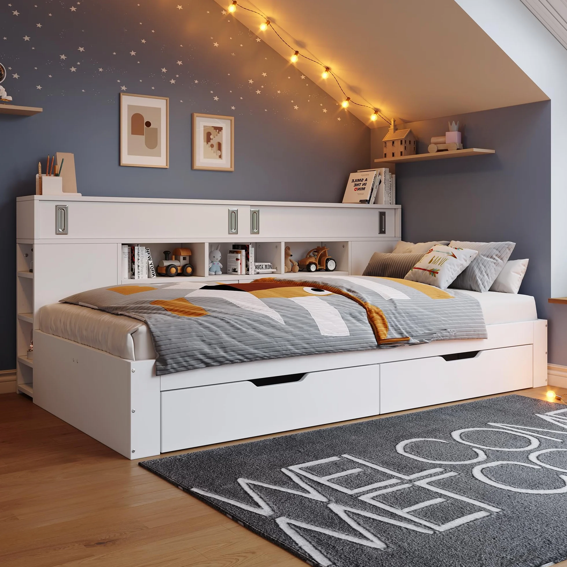 Zepneiy - Cama de 140 x 190 con cajones y estante, cama doble 140 x 190 con armario de almacenamiento, caja fuerte con espacio de almacenamiento, marco blanco (sin colchón)