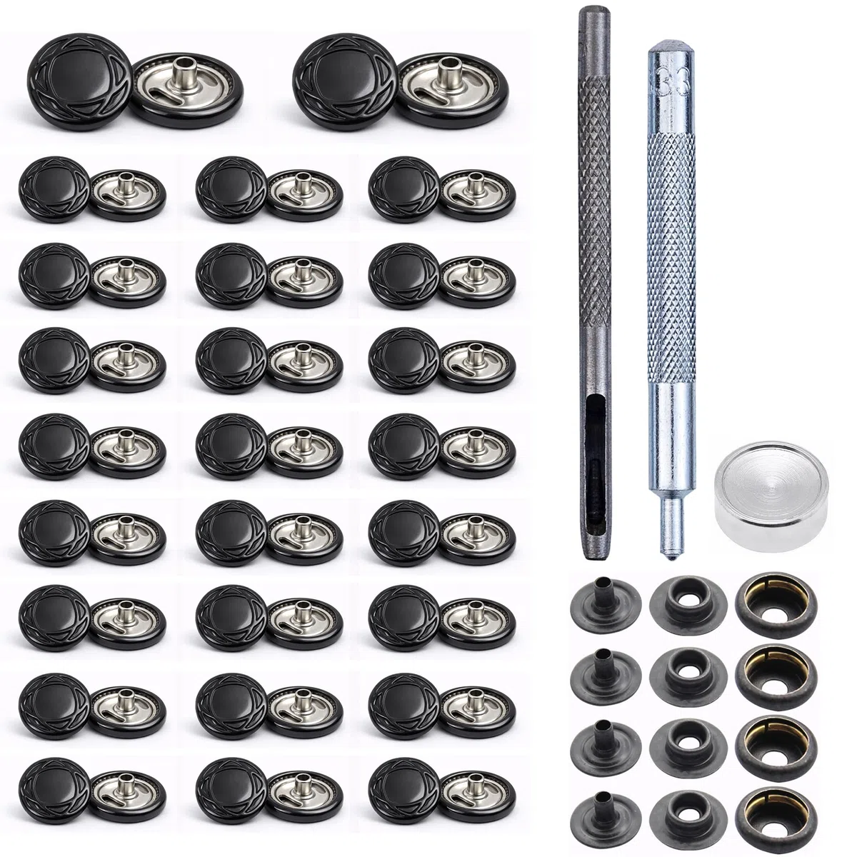 Trimming Shop 15mm Botones a Presión 4 Parte, Durable y Ligero Metal Cierres con Mano Fijación Herramienta para Jeans, Cuero, Tiras Costura Proyectos, Ropa Reparación - Mate Negro con Diseño, 1000pcs