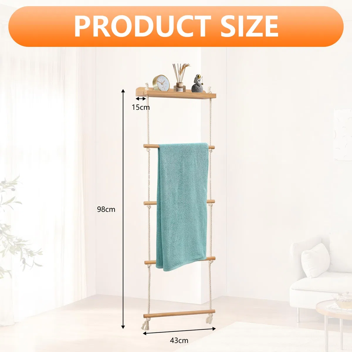 Escalera Toallero 5 Niveles, Toalleros Pared de Baño Estantería de Escalera Inclinada con Estante Escalera de Cuerda Escalera Decorativa Madera para Dormitorio Accesorios Baño