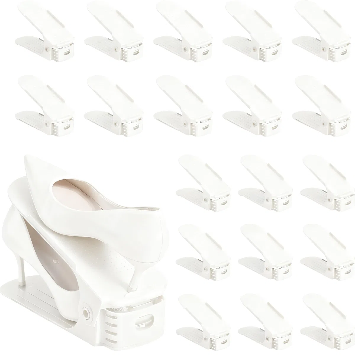 Organizador de ranuras para zapatos, paquete de 20 – Apiladores de zapatos ajustables de 4 niveles, ahorro de espacio 50%, soportes de doble capa para armario (blanco)