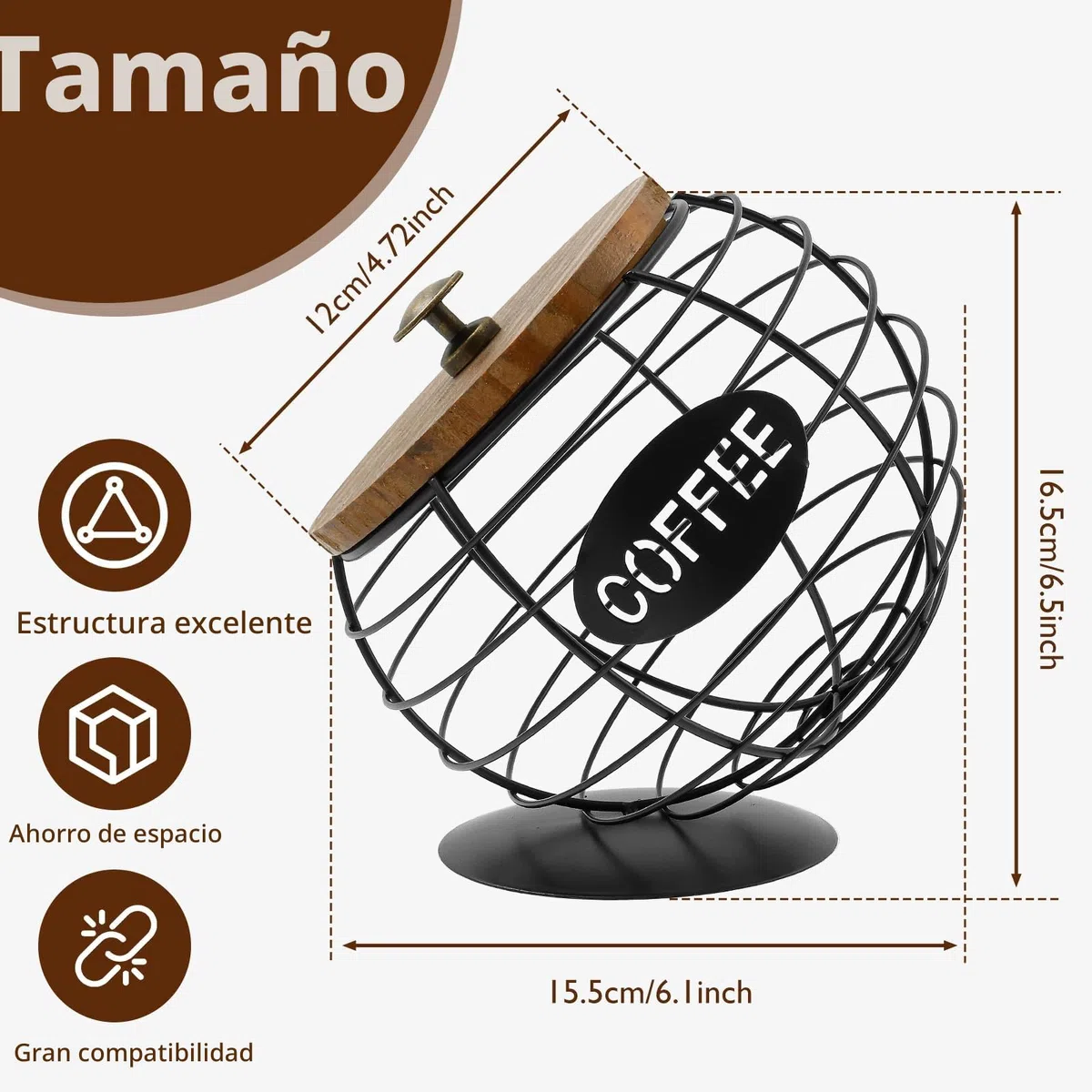 Cesta con Tapa para Cápsulas de Café, Moderno Soporte de Metal de Gran Capacidad para Expreso (Negro)