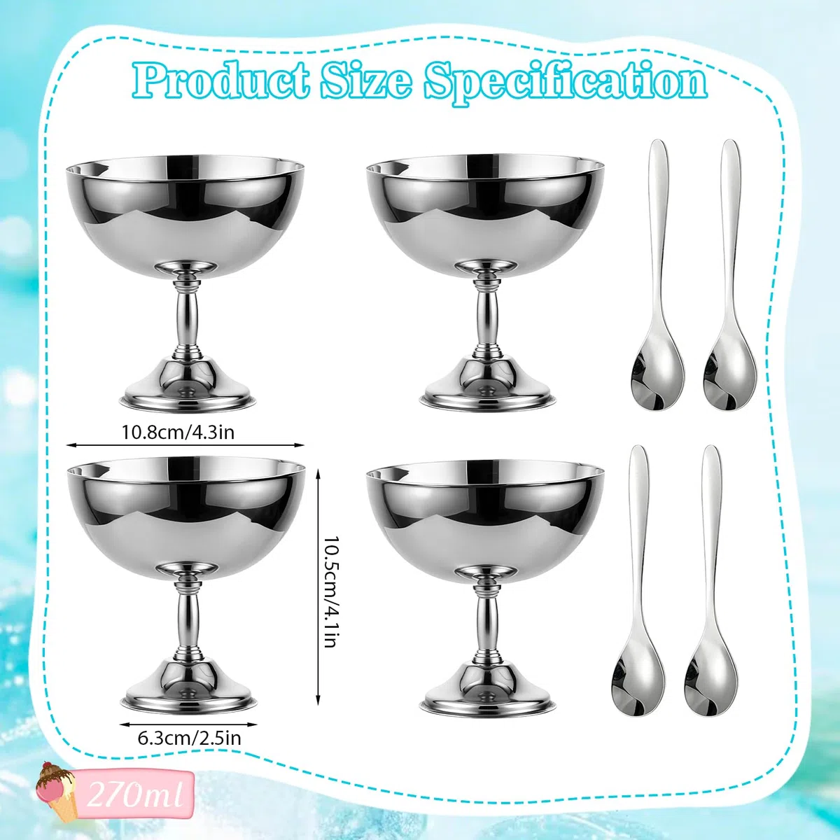 Tissting 4 Tazas Helado Acero Inoxidable 11cm Cuencos Postre Patas Retro | Ensalada Pudín Servir Fiestas Bodas Cocinas Platos Decorativos